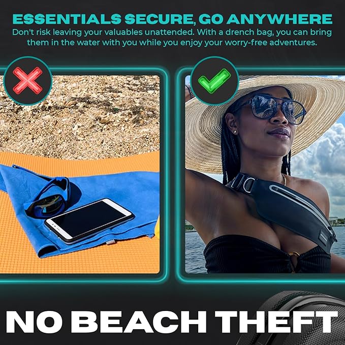 Drench 100% Underwater Waterproof Fanny Pack. Waist Pack. Submersible Waterproof Phone Pouch. Dry Bag for Swimming & Snorkelling. Underwater Phone case. (black with 2 rings)