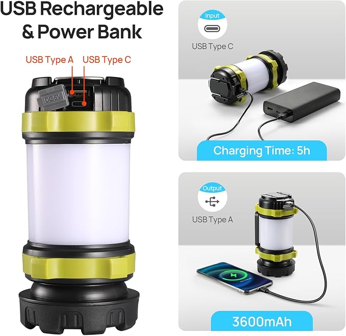 LED Camping Lantern Flashlight Rechargeable(Pack of 1), Consciot Portable Torch with 6 Light Modes, 3600mAh Power Bank, IPX4 Waterproof, USB C, Camping Lights for Hurricane, Emergency, Survival Kits