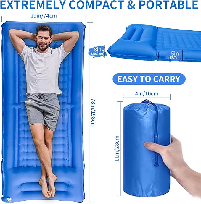 78in x 29in x 5in Camping Sleeping Pad, Upgraded Durable Waterproof Compact Traveling Air Mattress, Built-in Foot Pump, Ultralight Inflatable Sleeping Mat for Backpacking, Hiking