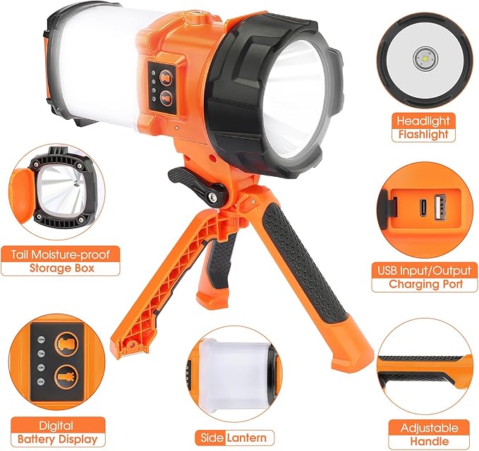 Rechargeable Camping Lantern, 6 Modes LED Flashlight Handheld Spotlight with 2000LM, 4400mAh Power Bank, IPX4 Waterproof Searchlight Work Light for Emergency Hiking Survival Kits