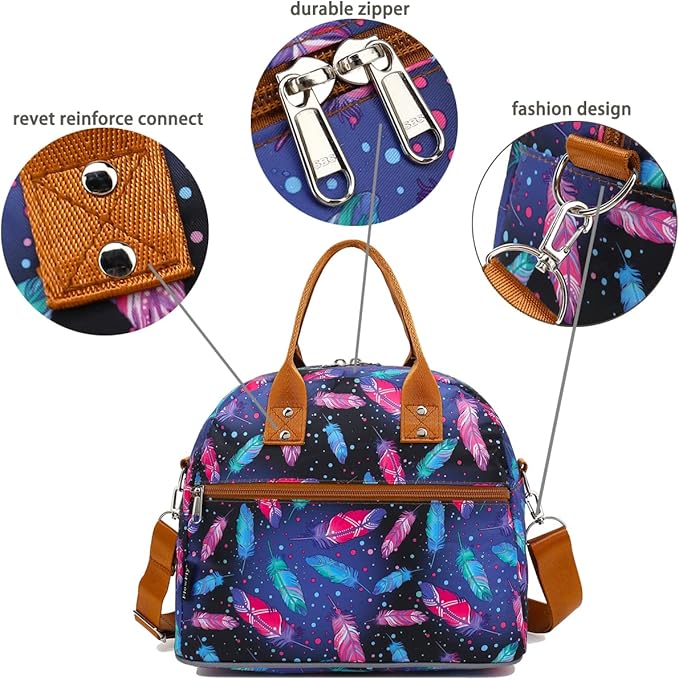 FlowFly Insulated Lunch Bag With Shoulder Strap for Women, Men, and Kids, Large and Reusable, Handle, Freezable Work and School Travel Tote and Meal Prep Organizer,Feather