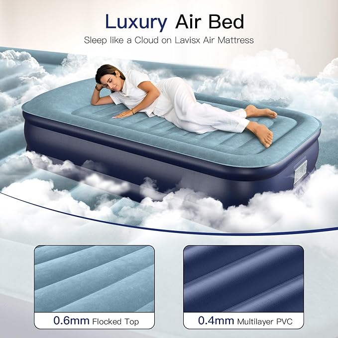 Twin Air Mattress 20” Top Pillow with Built in Pump, 2 Mins High Speed Inflation Luxury Auto Stop Pump Blow Up Mattress Comfort Air Bed, Colchones Inflables