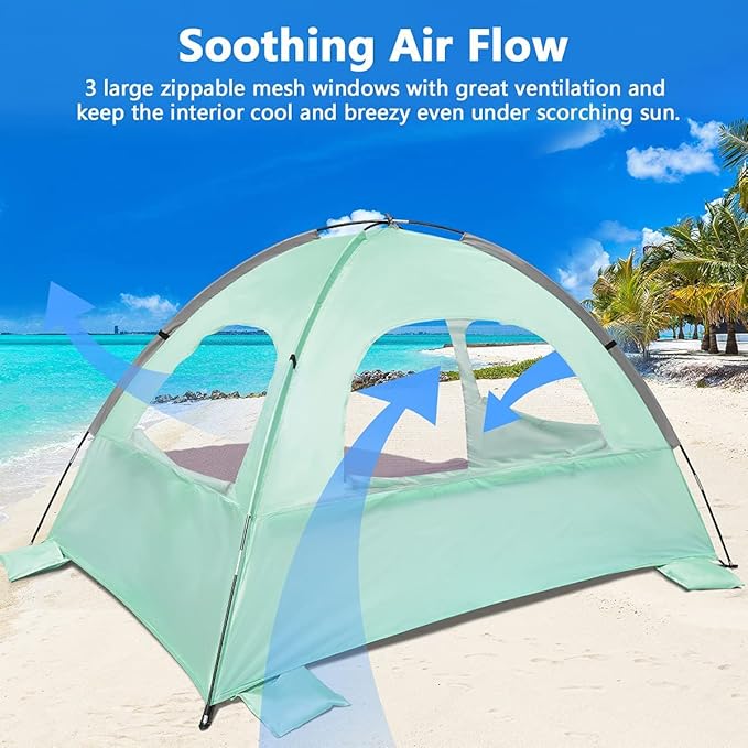NXONE Beach Tent Sun Shade Shelter for 2-3 Person with UV Protection, Extended Floor, 3 Mesh Roll Up Windows & 8.0mm Fiberglass Rods丨Carry Bag Included (Mint Green)