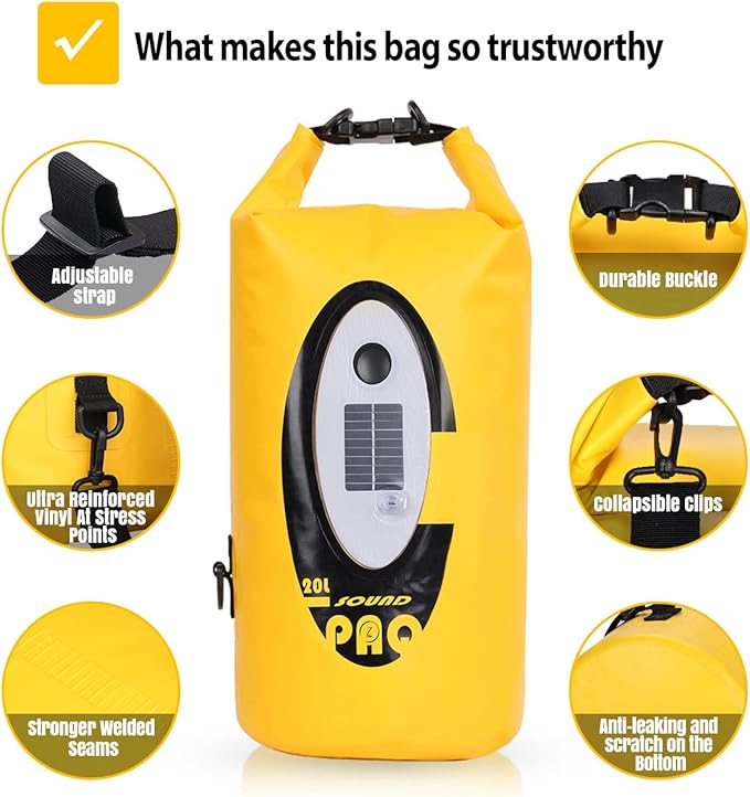 Dry Bag Waterproof with Solar Bluetooth Speaker & Light - 10L/20L Roll Top Dry Sack Keeps Gear Dry for Men Women Kayaking, Beach, Rafting, Boating, Hiking, Camping and Fishing