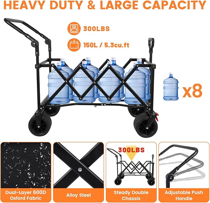 2 in 1 Collapsible Wagon with 300lbs Weight Capacity,150L Heavy Duty Utility Cart with Removable Canopy,with Big All-Terrain Beach Wheels & Drink Holders,Black