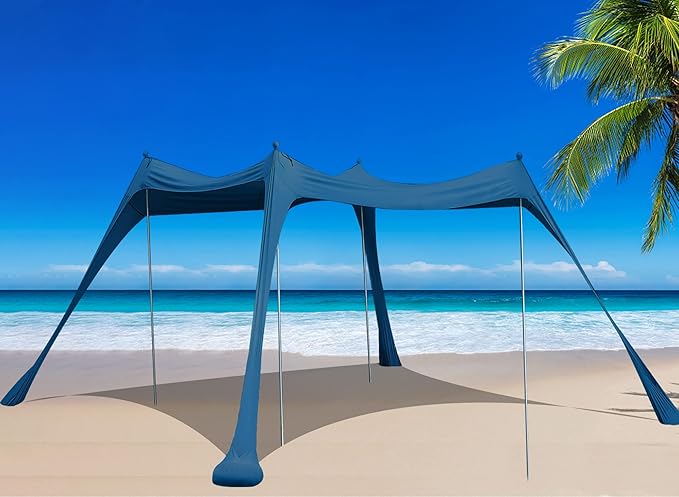 BOTINDO Family Beach Tent Canopy Sun Shade, Pop Up Grande Beach Tent Sun Shelter Stability 4 Poles with Portable Carry Bag Outdoor Shade for Fishing Backyard Camping