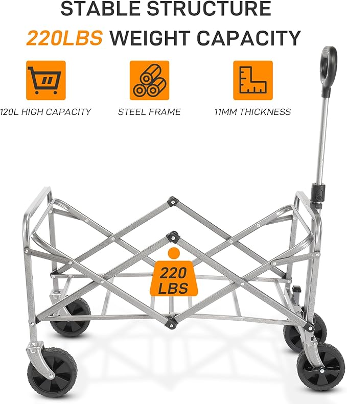 Collapsible Beach Wagon with Big All-Terrain Wheels for Sand, Grocery Shopping, Park Picnic, Camping, Beach Trip