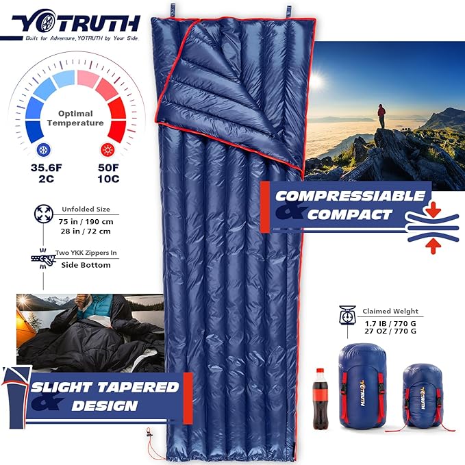 Ultralight Down Sleeping Bag - 650 Fill Power, 27oz Compact Envelope Bag for Backpacking, Camping, Hiking - 35-50f, Lightweight & Compressible, Also Ideal As a Cape