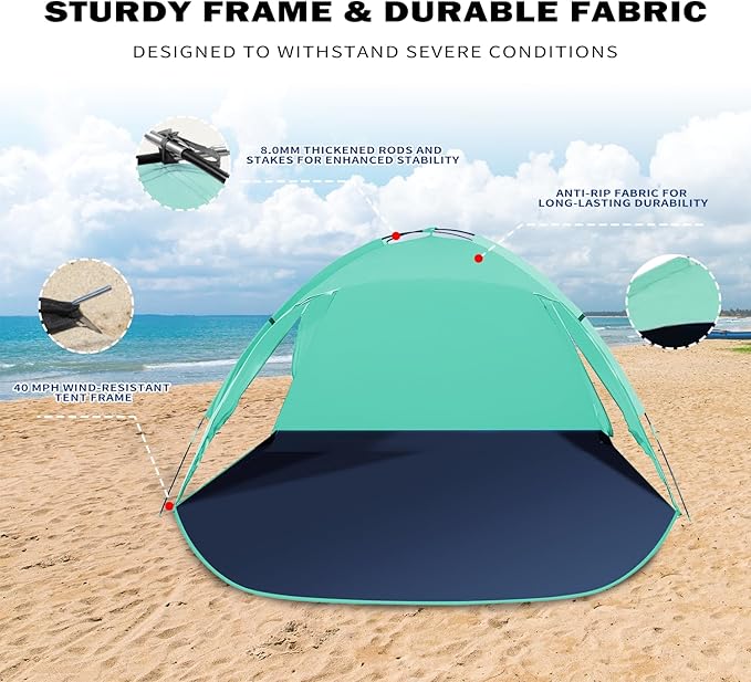 Beach Tent for 3-4 People, UPF50+ Sun Shelter with Breathable 3-Zipper Door Design, 8.0mm Reinforced Fiberglass Poles, Portable Shade Canopy for Beach & Camping (Green)