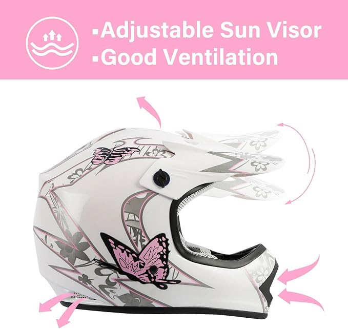 TCT-MOTORPARTS DOT Youth Kids Four Wheeler Girls Riding Helmets Motocross ATV Helmets Offroad Street Dirt Bike Go-Kart BMX MX Full Face Helmet Pink Butterfly X-Large Size