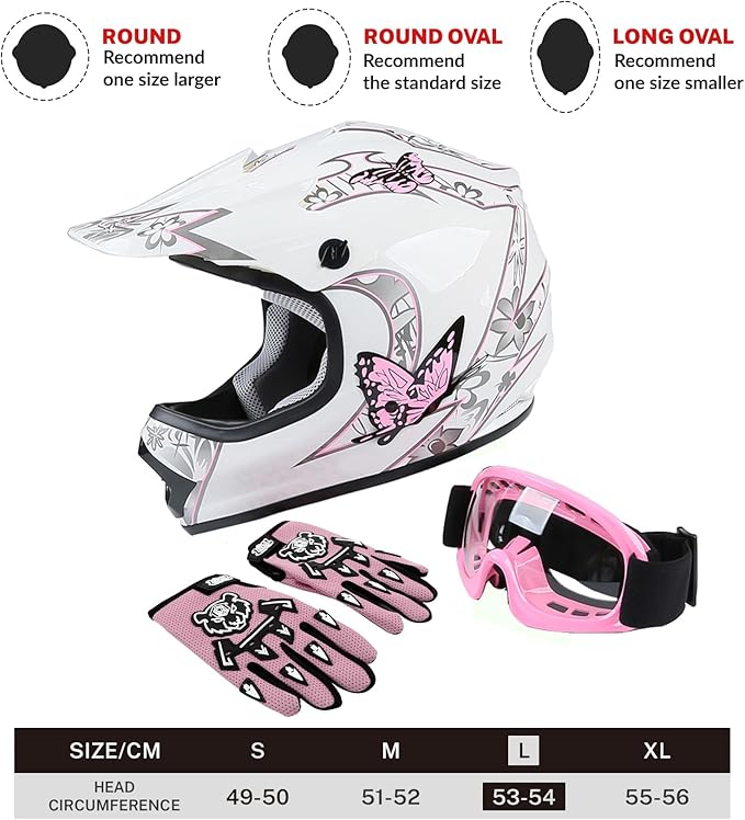TCT-MOTORPARTS DOT Four Wheeler Girls Riding Helmets Youth Kids Motocross ATV Helmets Offroad Street Dirt Bike Go-Kart BMX MX Full Face Helmet Pink Butterfly Large Size