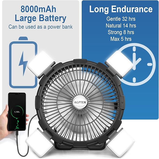 AGPTEK Portable Outdoor Fan - 8000mAh Rechargeable Battery with LED Light Lantern & Hook, Ideal for Picnics, BBQ, Fishing, Travel & Camping