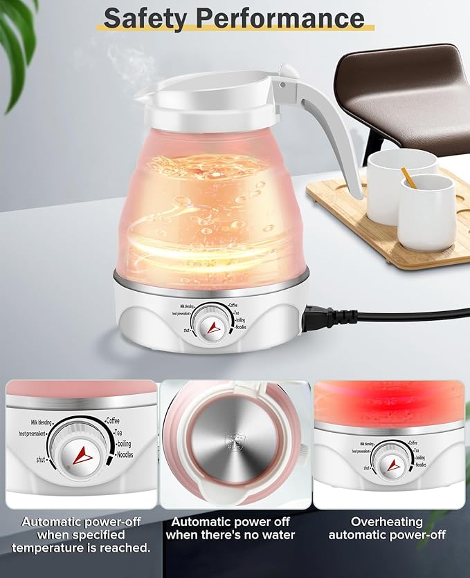 Portable Electric Travel Kettle, 600ml Collapsible Silicone Kettle with Temperature Adjustment Function for Camping, Hotels and Travel