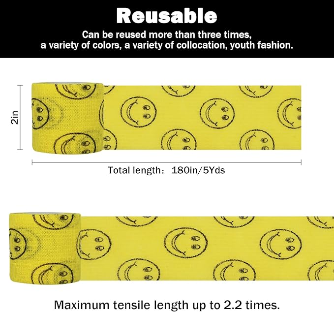 First Aid Bandages Cohesive Wrap Adhesive Self Adherent Tape - Colorful Bandages (Yellow Smile, 2-Inch)