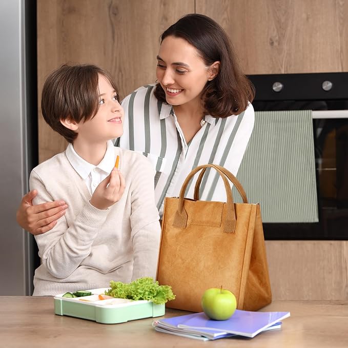 Maxcheck 2 Pcs Insulated Brown Lunch Bag Reusable Lunch Bag 9.45 x 8.66 x 5.51 Inch Easy to Carry Water Resistant Aesthetic Lunch Sack Thermal Lunch Tote Bag for Women Men Adult Snack Everyday Use