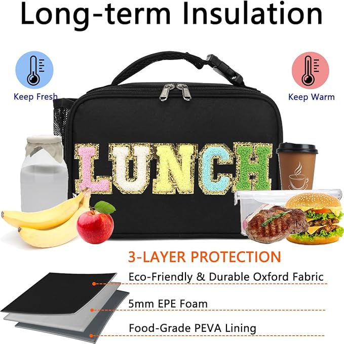 Insulated Lunch Box for School, Thermal Reusable Durable Freezable Lunch Bags for Kids Boys Girls Men Women - Small Soft Cooler Portable Lunch Tote Kit for Work Picnic Travel,Black Alphabet