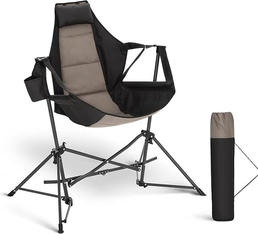 ALPHA CAMP Hammock Folding Rocking Chair with Cup Drink Holder, High Back Padded Swinging Chair for Outdoor,Camping, Lawn,Backyard,Picnic, Steel, Heavy Duty Portable Oversized(Black)