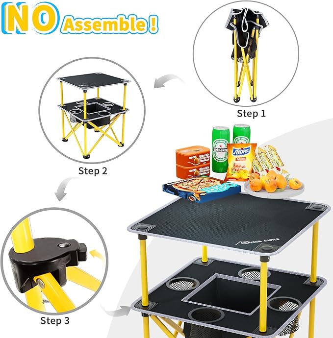 Folding Camping Table with 4 Cup Holders, Lightweight Portable Beach Outdoor Picnic Table, Square Camp Table with Built-in Food Basket Travel Bag for BBQ, Camping, Tailgate