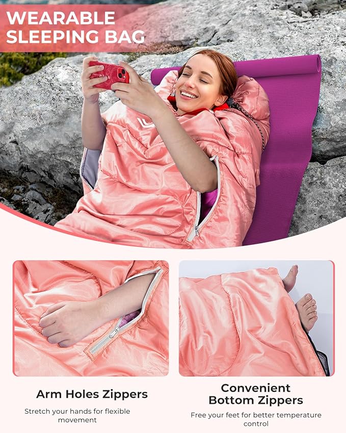 Sportneer Sleeping Bag - Wearable for Adults & Kids with Arm Zipper Holes in Cold & Warm Weather, Waterproof Portable Sleeping Bag for Camping, Hiking, Backpacking, Outdoor Travel