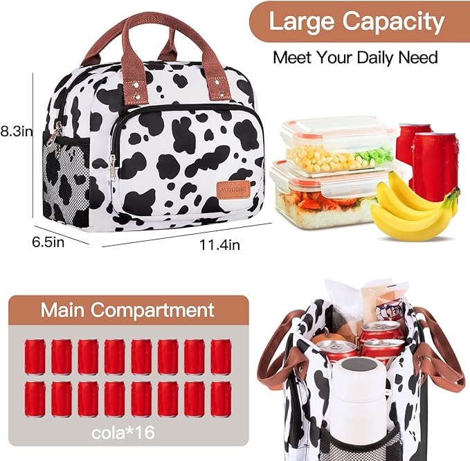 Lunch Bag Women,Insulated Lunch Box Lunch Bag for Women Men Work Adult Cute Small Lunch Tote Bag, Large Capacity Reusable Cooler Containers for Travel Picnic Office or Beach(Cow)
