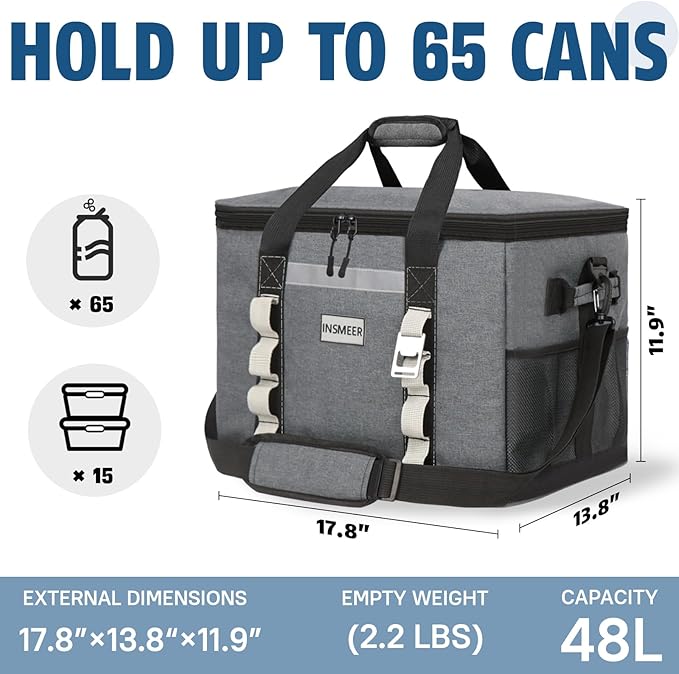 INSMEER Insulated Cooler Bag 65Cans/32 Cans Large Cooler Bag Soft Sided Cooler with Shoulder Strap, Collapsible Leakproof Portable Coolers for Camping/Beach/Food Delivery/Shopping/Outdoor/Picnic