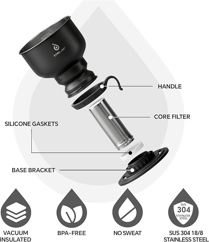 IDEUS Brew Pour Over Dripper, Portable Stainless Steel Reusable Filter Manual Camp Coffee Maker BPA-Free for Home, Office & Camping (Camp Dripper-Black)