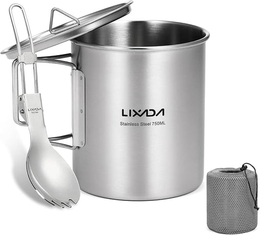 Lixada 750ml Camping Cup Pot Cup Stainless Steel Water Cup Mug with Foldable Spoon for Outdoor Camping Hiking Backpacking