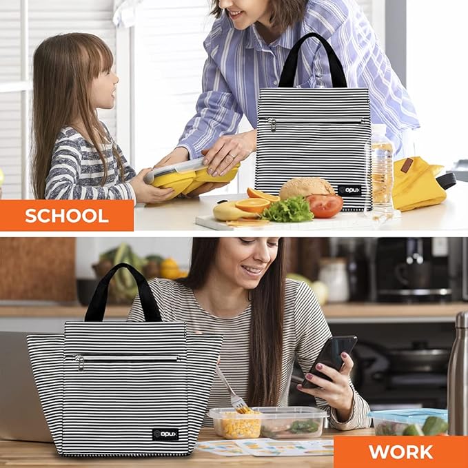 opux Lunch Bag for Women, Insulated Lunch Box Tote for Girls Kids Adult School Work, Reusable Womens Lunch Tote for Office Travel, Cute Small Lunch Tote, Fits 12 Cans - Stripe Black