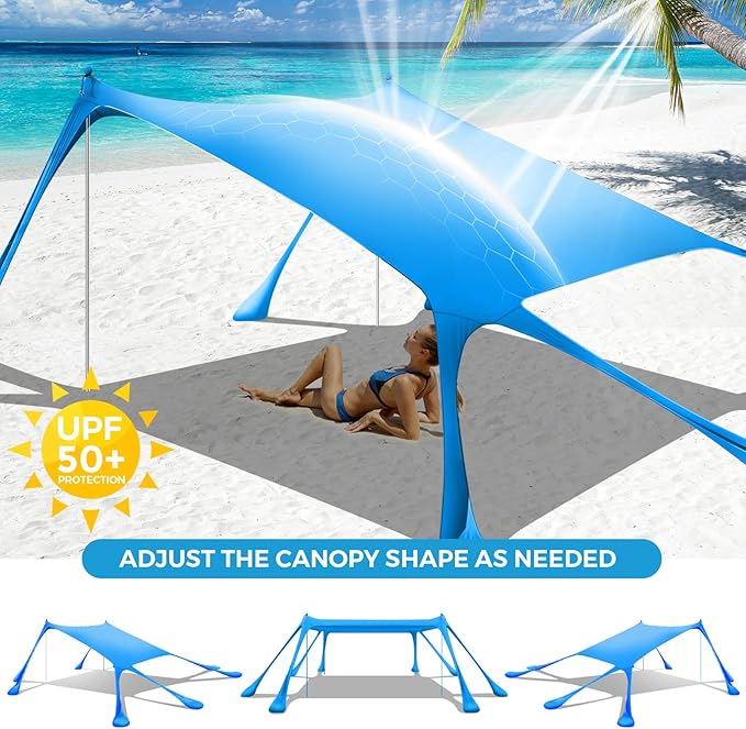 Large Beach Tent Canopy Pop Up Shade 10x10ft Sun Shelter Portable with UPF50+ UV Protection 8 Sandbags 4 Aluminum Poles 2 Sand Shovel Ground Pegs Carrying Bag for Outdoor Camping Fishing Yard Picnics