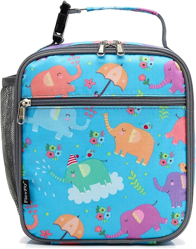 FlowFly Kids Lunch box Insulated Soft Bag Mini Cooler Back to School Thermal Meal Tote Kit for Girls, Boys, Elephant
