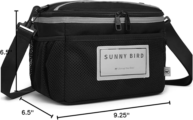 SUNNY BIRD Insulated Lunch Bag with Foldable and Leakproof Design, Thermally Insulated, Shoulder Strap for Women, Men and Teen (Black 002)