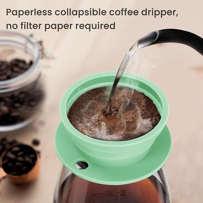 Travel Electric Kettle, Collpasible Portable Electric Kettle, Portable Tea Kettle + Paperless Travel Pour Over Coffee Maker, Collapsible Pour Over Coffee Dripper One Cup (Green)