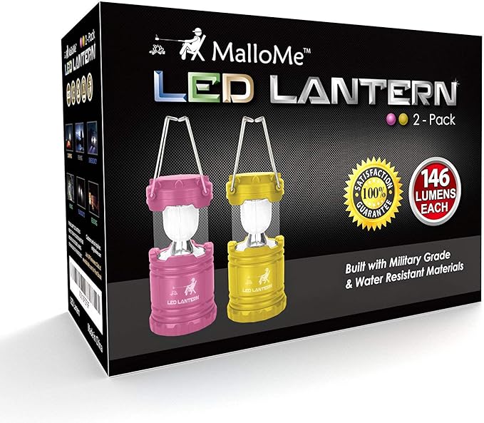 MalloMe Camping Lantern Pink Yellow 2 Pack Lanterns for Power Outages, Camping Lights for Tent Hanging, Camp Light Tent Lamp Emergency Battery Powered LED Lantern (Rechargeable Batteries Not Included)