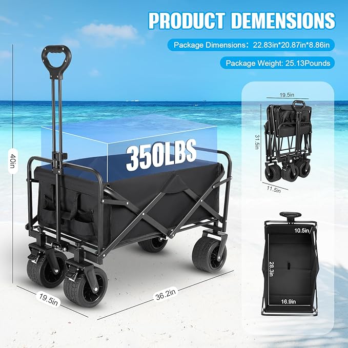 Beach Wagon,Collapsible Foldable Wagon Cart with Big Wheels,Utility Folding Grocery Lounge All Terrain Wagon with Side Pocket and Brakes for Sand Camping Sports Outdoor(Black).