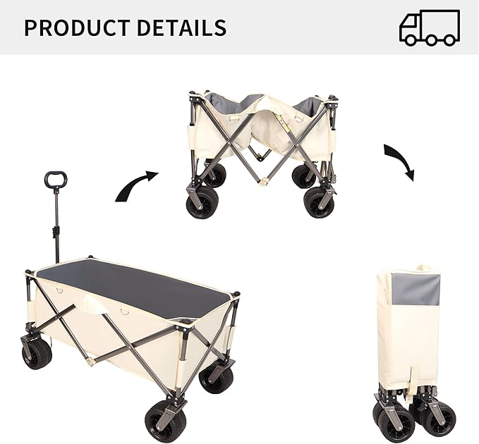 Collapsible Folding Wagon with Big Wheels,Heavy Duty Utility Beach Buggy Cart w/Adjustable Handle and Drink Holder,for Sand,Shopping,Camping,Garden,Outdoor,44.9",White