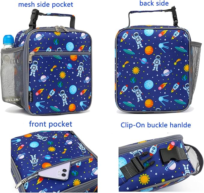 FlowFly Kids Lunch box Insulated Soft Bag Mini Cooler Back to School Thermal Meal Tote Kit for Girls, Boys, Astronaut