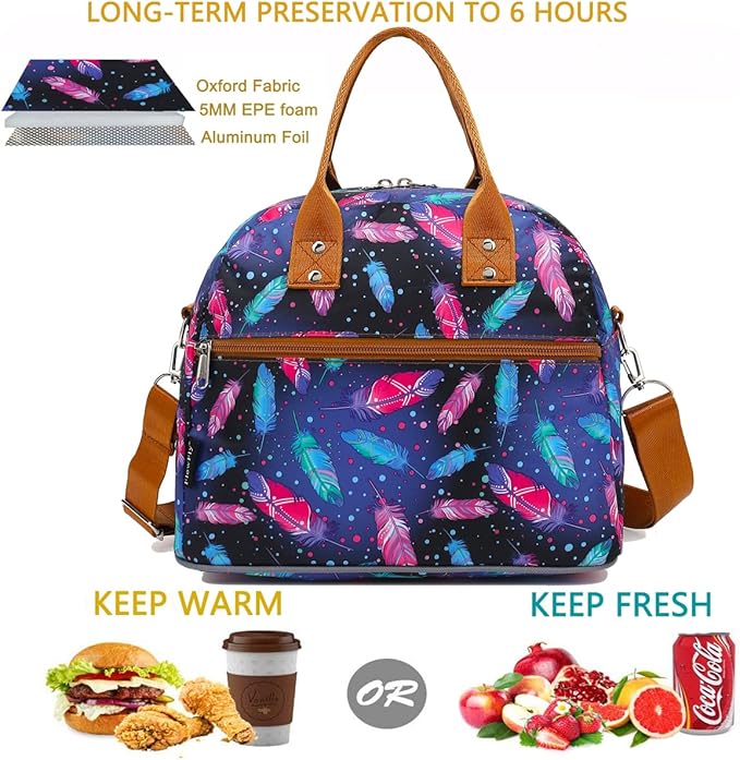 FlowFly Insulated Lunch Bag With Shoulder Strap for Women, Men, and Kids, Large and Reusable, Handle, Freezable Work and School Travel Tote and Meal Prep Organizer,Feather