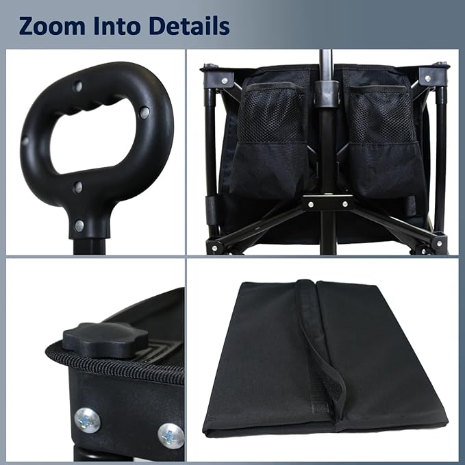 Collapsible Beach Wagon Garden Cart with All-Terrain Big Wheels, 220LBS Heavy Duty Foldable Utility Wagon with Adjustable Handle & Cup Holders, 200L Capacity for Outdoor Camping, Black