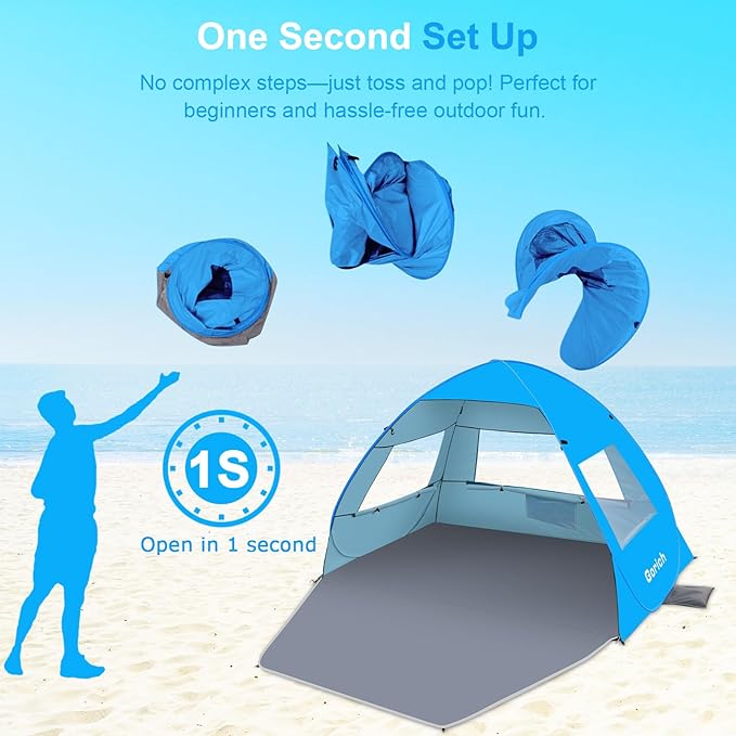 Gorich Easy Pop Up Beach Tent for 3-4 Person, UPF 50+ UV Protection Beach Umbrella Sun Shelter, Portable Lightweight Cool Cabana Shade with Easy Foldable & Instant Setup