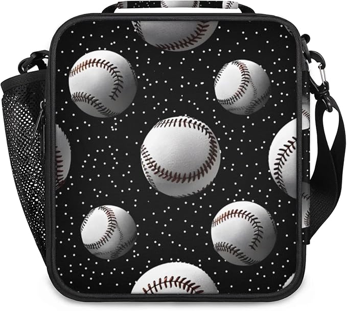 Baseball Black Kid Lunch Bags with Shoulder Strap Insulated Lunch Boxes for Boy Girls Waterproof Thermal Cooler Tote Bag Portable Picnic Bag for School Work Outdoor Gifts