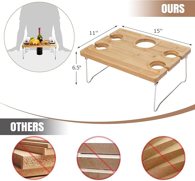 INNO STAGE Portable Picnic Table with Wine Glass and Bottle Holder, Folding Bamboo Snacks Tray Outdoor Living Camping Beach Party Accessories for 1-4 Persons