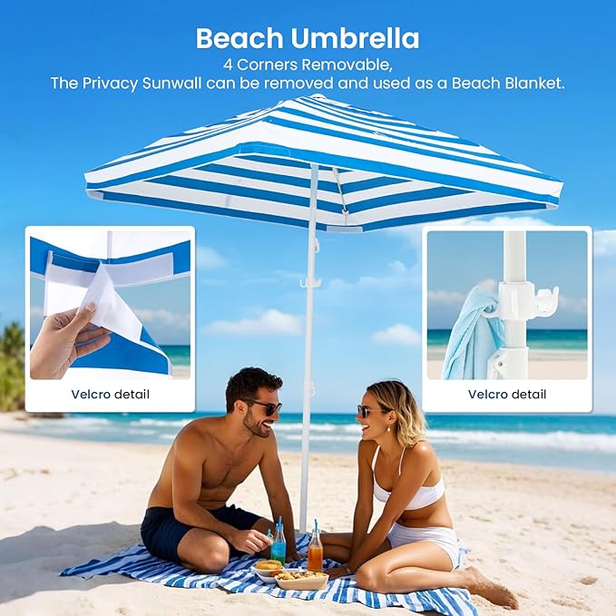Grandekor 6'x6' UPF 50+ UV Protection Beach Cabana Canopy Portable Instant Setup with Sand Anchors Hanging Hooks Sidewalls Family Beach Outings Outdoor Shade Shelter Windproof Sand Pockets