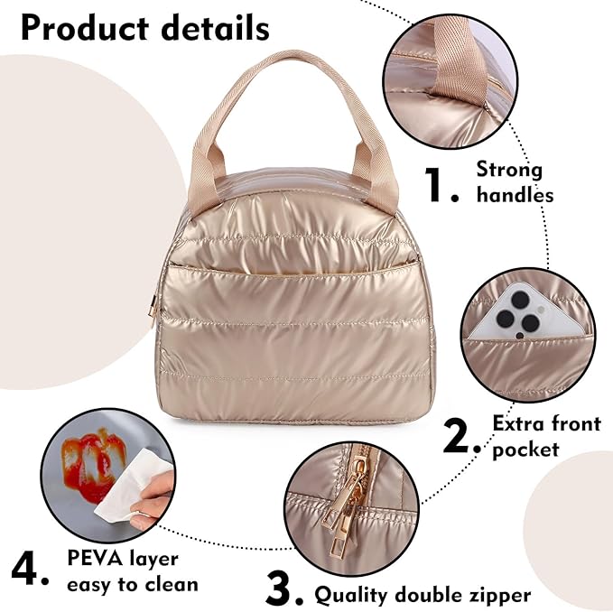 Lunch Bag Lunch Box for Women Men Adult Insulated Cute Small Quilted Puffer Lunchbox Reusable Thermal Lunch Cooler Tote Bag for Work, Picnic or Travel-Gold