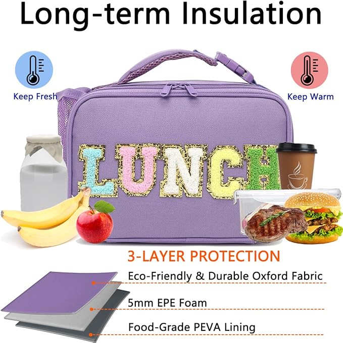Insulated Lunch Box for School, Thermal Reusable Durable Freezable Lunch Bags for Kids Boys Girls Men Women - Small Soft Cooler Portable Lunch Tote Kit for Work Picnic Travel,Purple Alphabet
