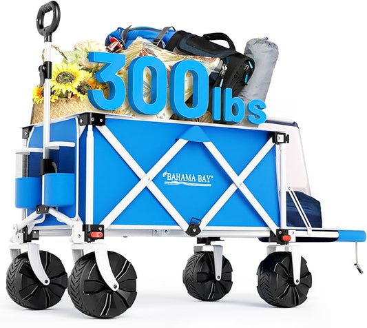 300lbs Extra Long 49" L Beach Wagon with Big Wheels for Sand, Collapsible Utility Beach Cart Heavy Duty Folding Wagon,Ideal for Outdoor Sand Camping Garden Pet