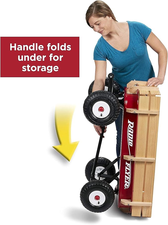 Radio Flyer Pull Along Kids Wagon with Foldable Handle and Wooden Stake Sides, Red - Heavy Duty Outdoor Cart and Carrier with Wheels for Children