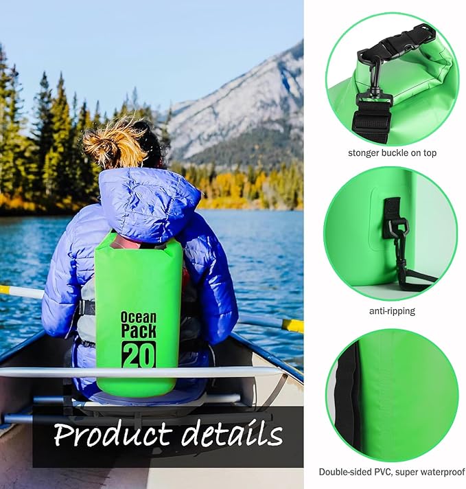 Floating Waterproof Dry Bag Backpack 5L/10L/20L, Roll Top Bag for Kayaking, Rafting, Boating, Swimming, Camping, Hiking, Beach, Fishing, Waterproof Beach Bag. (Green, 20L)
