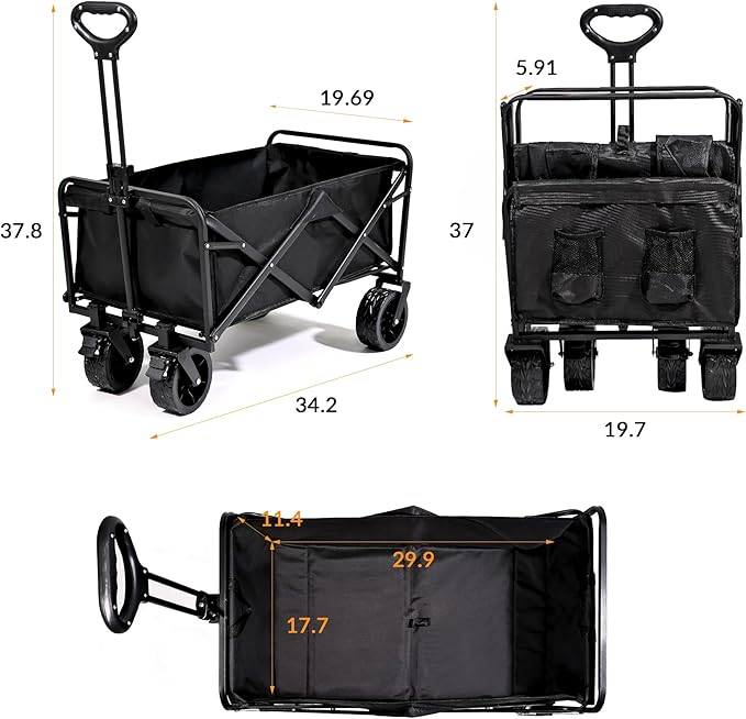 Collapsible Foldable Wagon, Heavy Duty Folding Utility Garden Cart Wagon for Sports, Camping, Garden, and Shopping, Black