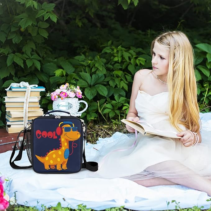 Dinosaur Lunch Box for Kids, Cool Dinosaur Music Lunch Bag for Boys Girls, Reusable Insulated Waterproof Lunch Box with Adjustable Shoulder Strap Thermal Cooler Tote Bag for School Daycare Picnic