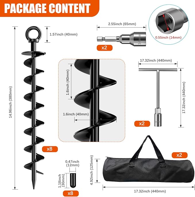 Ground Anchor Screw in, 8 Pack Spiral Trampoline Anchors with Nut and Tool Swing Set Anchors Tent Stakes High Wind Heavy Duty for Sheds, Carports, Mobile Home Black